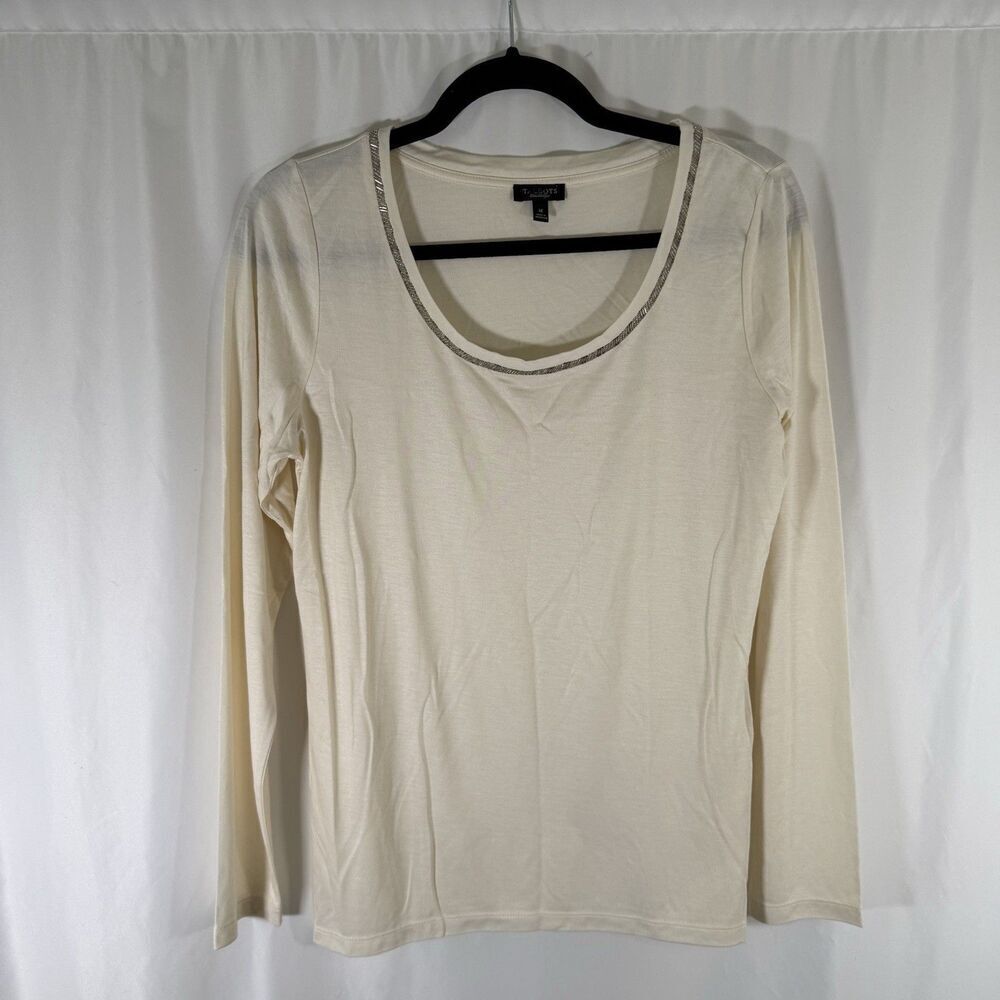 Talbots Blouse Women's Medium Ivory Long Sleeve Round Neck Beads Soft